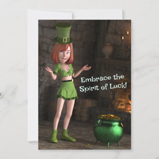 Leprechaun Toon Girl Feiertagskarte (Vorderseite)