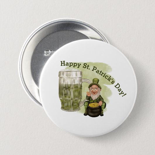 Leprechaun und Grüner Beer St. Patrick's Day Button (Vorne & Hinten)