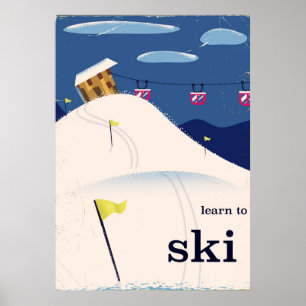 Lernen Sie Skifahren im Vintage-Cartoon-Stil. Poster