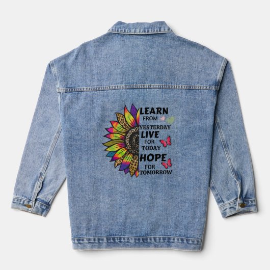 Lernen Sie von gestrigen Zitaten Sonnenblumenschme Jeansjacke (Rückseite)