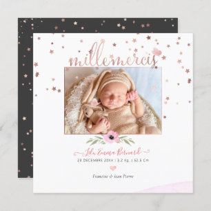 Les etoiles d'or Rose Remerciation Naissance Fille Einladung