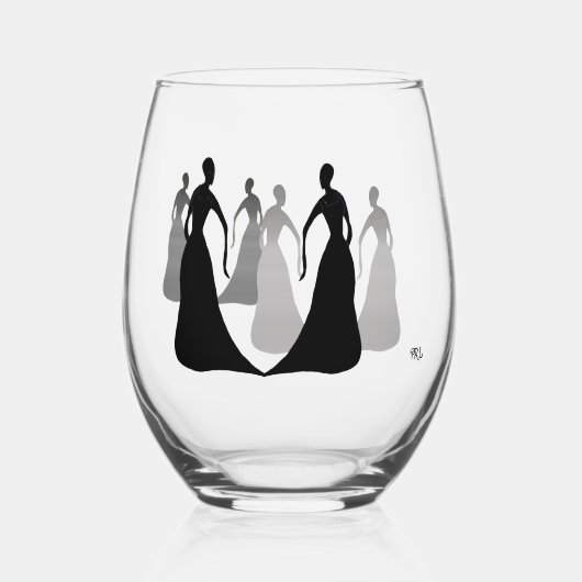 Les Femmes Black and Gray Stemless 16oz. Weinglas Ohne Stiel (Vorderseite)