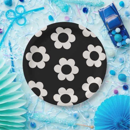 Les Fleurs 02 Retro Blume aus schwarzem und weißem Pappteller (Party)