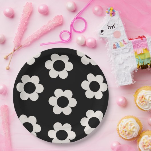 Les Fleurs 02 Retro Blume aus schwarzem und weißem Pappteller (Party)