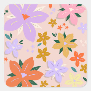 Les Fleurs 04 Retro Farbige Blumen Quadratischer Aufkleber