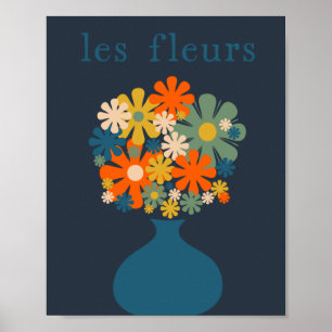 Les Fleurs Fröhliche Retro-Blumen in Vasenblau Poster