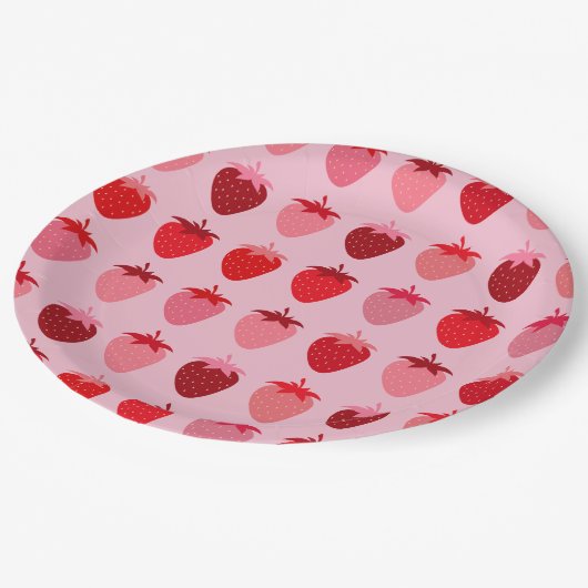 Les Fraises 01 Rosa und Rot Preppy Erdbeeren Pappteller (Schrägansicht)