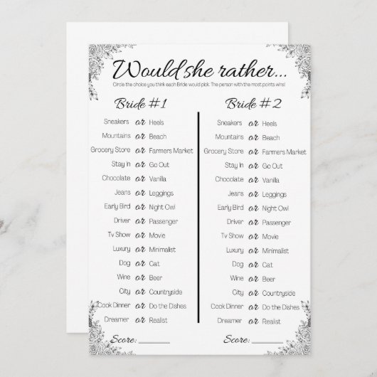 Lesben Polterabend Game, würde sie lieber, Einladung (Vorne/Hinten)