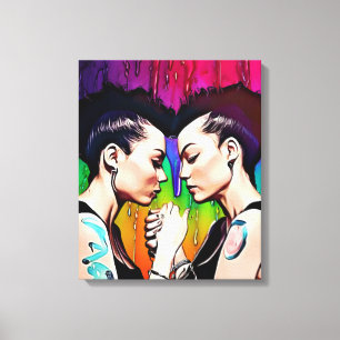 Lesbian Couple Holding Hands Rainbow Art Leinwanddruck