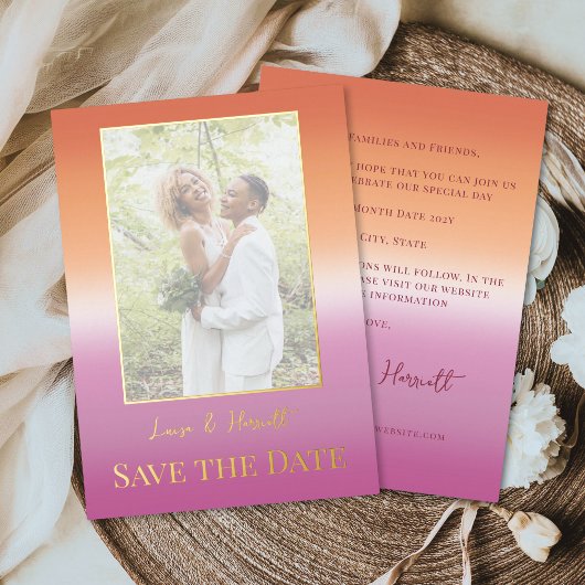 Lesbian Wedding Photo Pride Flag Gradient Gold Folieneinladung