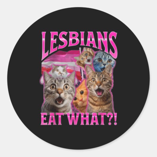 Lesbians Eat What_ Funny Cat Rude Gay Pride Lgbtq Runder Aufkleber (Vorderseite)