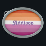Lesbische Flagge mit personalisiertem Namensgesche Ovale Gürtelschnalle<br><div class="desc">Lesbische Fahne mit personalisiertem Namensgeschenk, Gürtelflagge, Stolzparade, Langdon-Stolz, Pansexual Fahne, nicht binär, Pansexualität, Modegürtel, Vintage Kleidung, Pansexualgürtel, Herzensymbol, Stolz, Gay Pride, Schwulenrechte, Lesbian, Glitzer, Flagge, Gay Pride, Leng, Lesben, Schwule Accessoire, Accessoires, Geschenk, Glitzern, Einhorn, funkelnd, mädchenhaft, kawaii, niedlich, Stolz, Stolz, Stolz, Litschenstolz, lgbtq Stolz, aromatische Flagge, aromatische Gürtel, aromatischer Stolz,...</div>