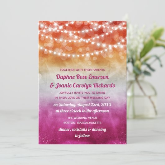 Lesbische Flagge Ombre String Lights Wedding Einladung (Stehend Vorderseite)