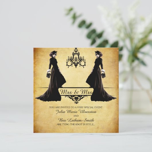 Lesbische Hochzeit - Gothic Steampunk Style Einladung (Stehend Vorderseite)