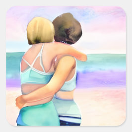 lesbische Liebe | Zwei Frauen in Strandnähe Quadratischer Aufkleber