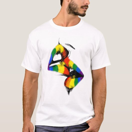 Lesbische Lippen Küssen Regenbogenflagge Gay Pride T-Shirt (Vorderseite)