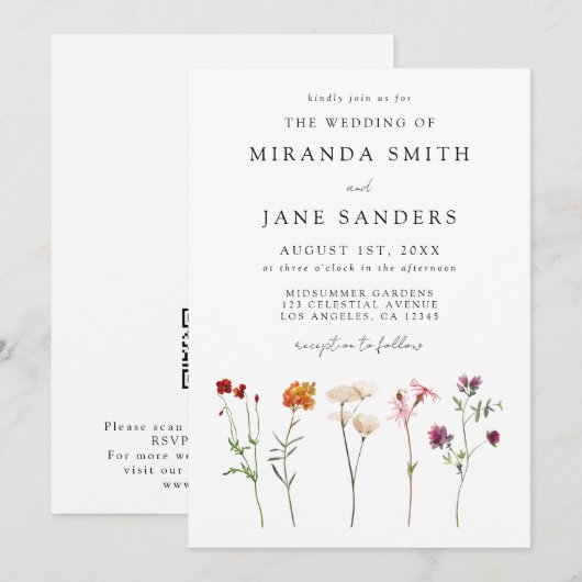 Lesbischer Pride Floral QR Code Hochzeit Einladung (Vorne/Hinten)