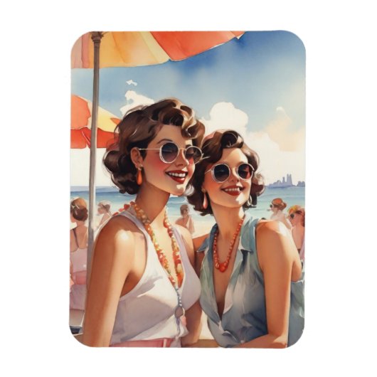 Lesbisches Paar im Retro Sapphic Beach Party Magnet (Vertikal)