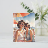 Lesbisches Paar im Retro Sapphic Beach Party Postkarte (Stehend Vorderseite)