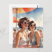 Lesbisches Paar im Retro Sapphic Beach Party Postkarte (Vorne/Hinten)