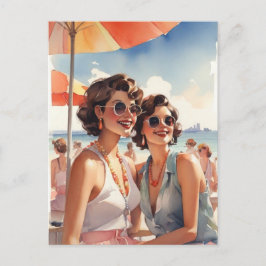 Lesbisches Paar im Retro Sapphic Beach Party Postkarte