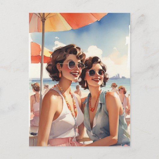 Lesbisches Paar im Retro Sapphic Beach Party Postkarte (Vorderseite)