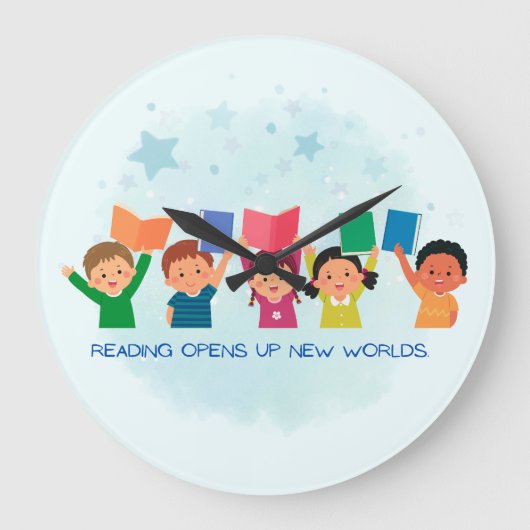 Lesen eröffnet neue Welten Große Wanduhr (Vorderseite)