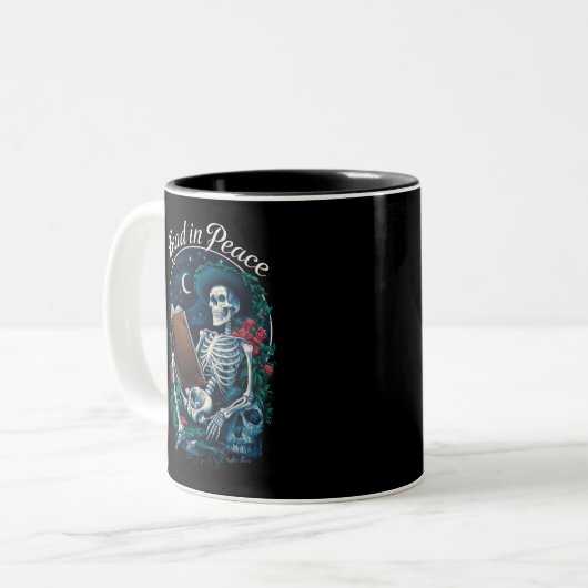 Lesen in Peace Skeleton Lesebuch Zweifarbige Tasse (Vorderseite Links)