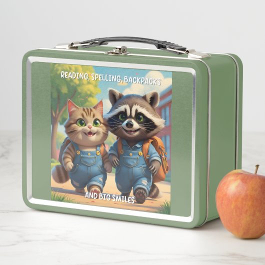 Lesen, Rechtschreibung, Rucksäcke und Lächeln Metall Brotdose (Beispiel)