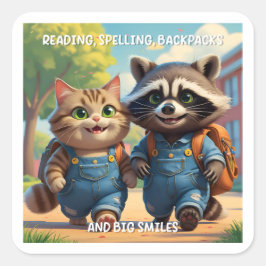Lesen, Rechtschreibung, Rucksäcke und Lächeln Quadratischer Aufkleber