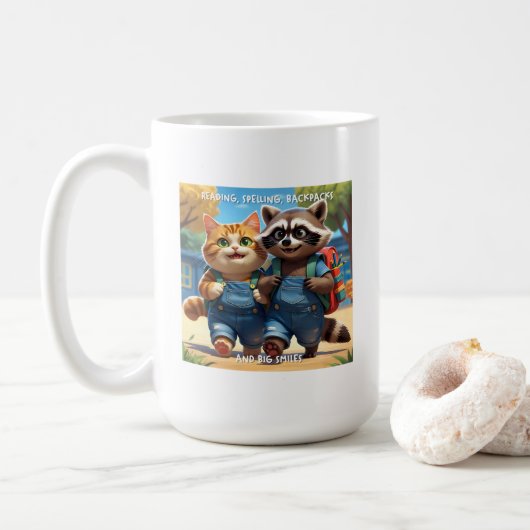 Lesen, Schreiben, Rucksäcke & Lächeln V2+Text Kaffeetasse (Mit Donut)