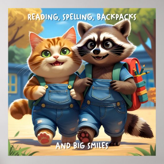 Lesen, Schreiben, Rucksäcke & Lächeln V2+Text Poster (Vorne)