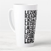 Lesen Sie in 8 Sprachen Lino Print Latte Tasse (Linke Ecke)