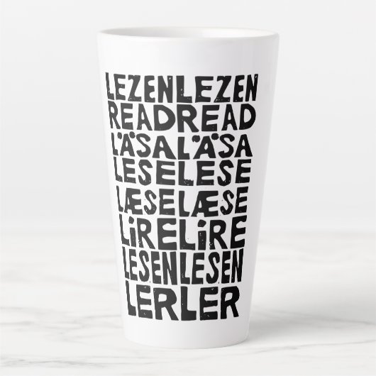 Lesen Sie in 8 Sprachen Lino Print Latte Tasse (Vorderseite)