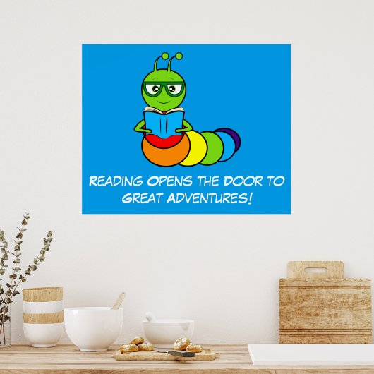 Lesen von Abenteuern mit Cartoon-Bookworm Poster (Küche)