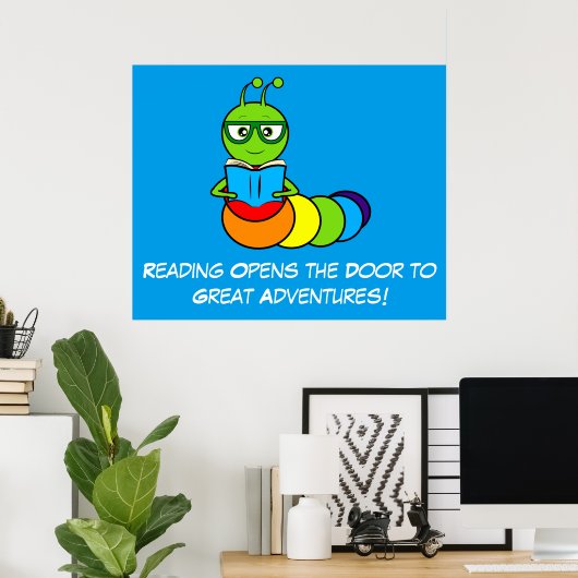 Lesen von Abenteuern mit Cartoon-Bookworm Poster (Heimbüro)