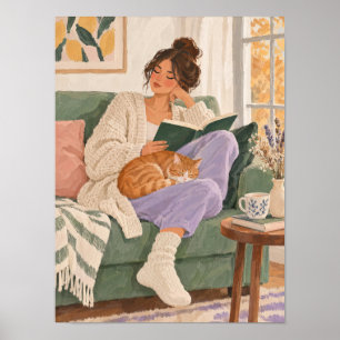 Lesende Frau mit Katze im Herbst – Poster