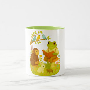 Lesender Frosch auf Pilz  Vintage-Geschichtenzeit  Zweifarbige Tasse