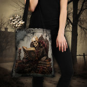 Lesendes Skelett mit Bücherstapel Tasche