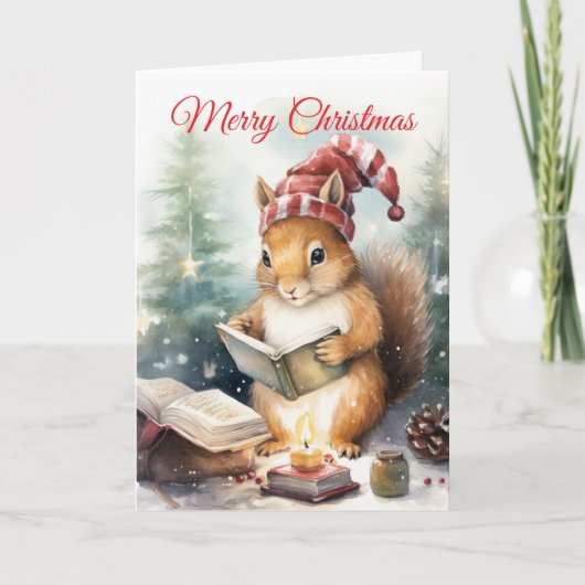 Lesendes Weihnachtshörnchen Feiertagskarte (Vorderseite)