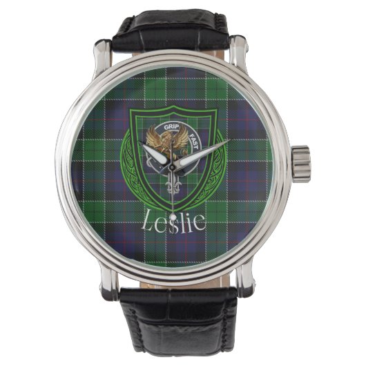 Leslie Scottish Clan Tartan & Crest Armbanduhr (Vorderseite)
