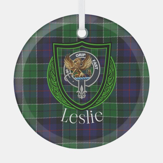 Leslie Scottish Clan Tartan & Crest Ornament Aus Glas (Vorderseite)