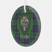 Leslie Scottish Clan Tartan & Crest Ornament Aus Glas (Vorderseite links)
