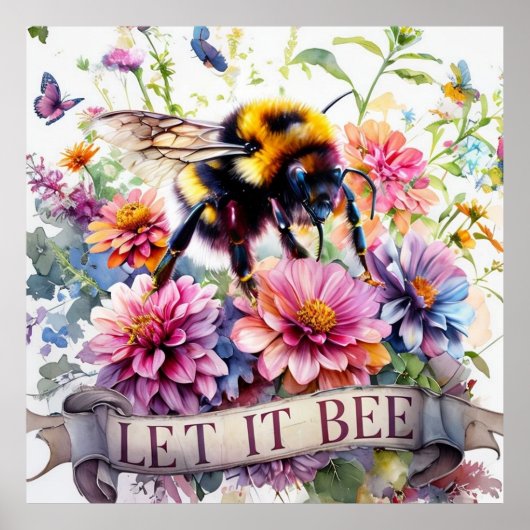 Let It Bee – Watercolor Bumblebee Spring Floral Poster (Vorne)