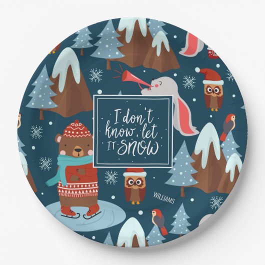 Let it Snow Cute Animal with Name Blue Christmas Pappteller (Vorderseite)