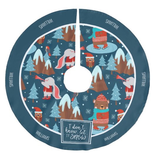 Let it Snow Cute Animal with Name Blue Christmas Polyester Weihnachtsbaumdecke (Vorderseite)