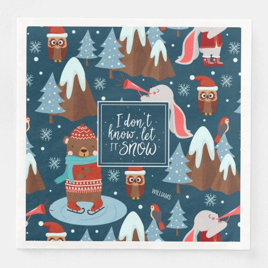 Let it Snow Cute Animal with Name Blue Christmas Serviette (Vorderseite)