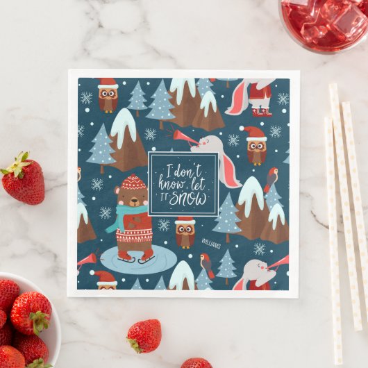 Let it Snow Cute Animal with Name Blue Christmas Serviette (Beispiel)