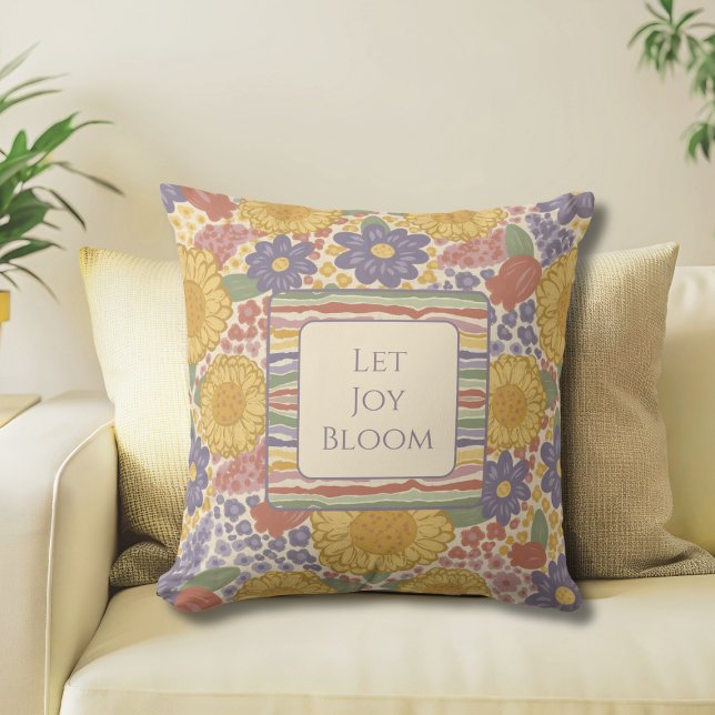 Let Joy Bloom Reversible Throw Pillow Kissen (Let Joy Bloom Reversible Throw Pillow – Editable Inspirational Quote – Floral Stripe Cottagecore Dec)