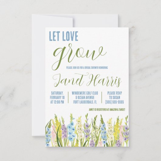 Let Love Grow, Pastel Blue Gladiolus Bridal Dusche Einladung (Vorderseite)
